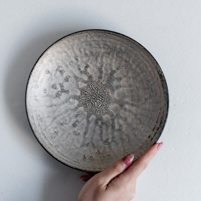 芳賀稔 黒銀 浅鉢 21cm
