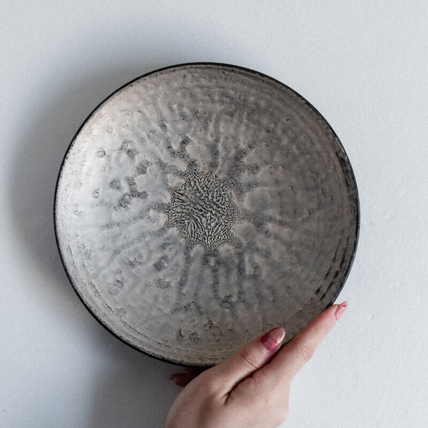 芳賀稔 黒銀 浅鉢 21cm